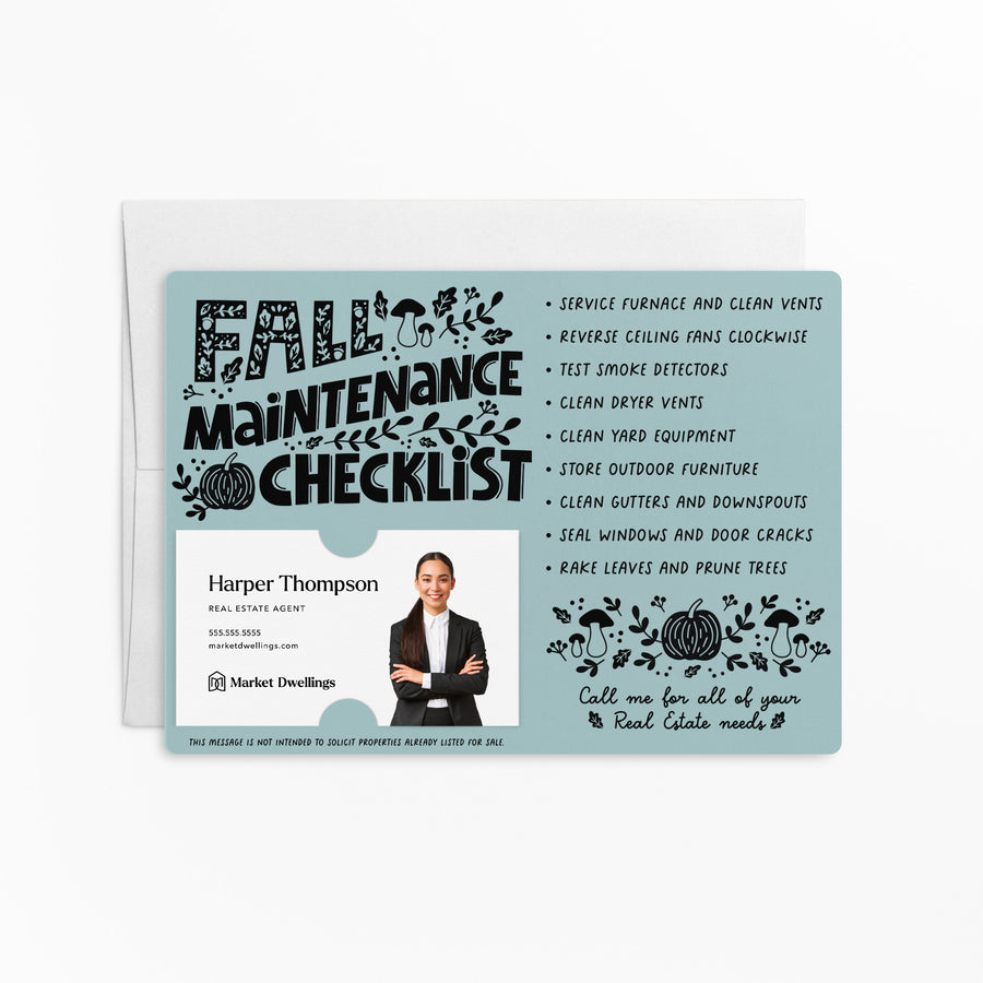 Set of Fall Maintenance Checklist Real Estate Mailers | Envelopes Included | M21-M004 Mailer Market Dwellings LIGHT BLUE