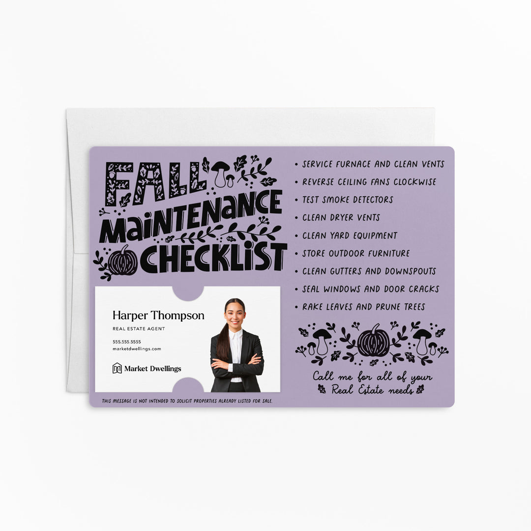 Set of Fall Maintenance Checklist Real Estate Mailers | Envelopes Included | M21-M004 Mailer Market Dwellings LIGHT PURPLE