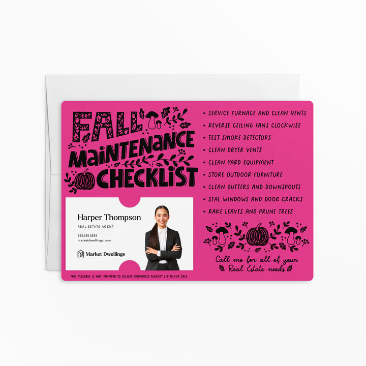 Set of Fall Maintenance Checklist Real Estate Mailers | Envelopes Included | M21-M004 Mailer Market Dwellings RAZZLE BERRY