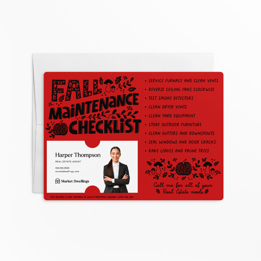 Set of Fall Maintenance Checklist Real Estate Mailers | Envelopes Included | M21-M004 Mailer Market Dwellings SCARLET