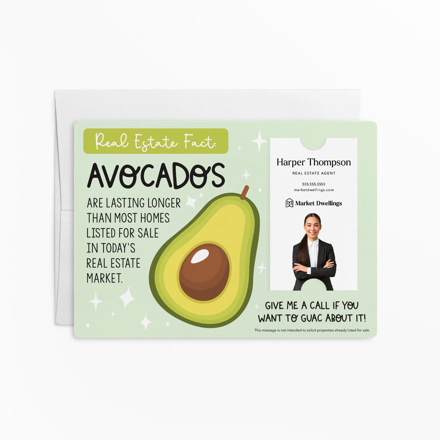 Vertical | Set of "Avocados Are Lasting Longer Than Most Homes Listed For Sale" Double Sided Mailers | Envelopes Included | M22-M005 Mailer Market Dwellings