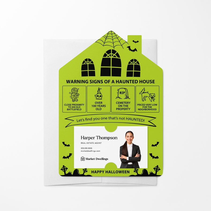 Set of Halloween "Warning Signs of a Haunted House" Mailer | Envelopes Included | M23-M001 Mailer Market Dwellings GREEN APPLE