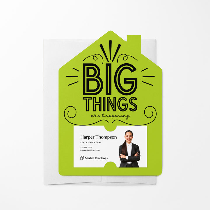 Set of Big Things Are Happening New Real Estate Agent Introduction Mailers | Envelopes Included | M26-M001 Mailer Market Dwellings GREEN APPLE