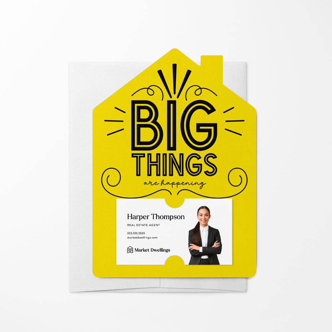 Set of Big Things Are Happening New Real Estate Agent Introduction Mailers | Envelopes Included | M26-M001 Mailer Market Dwellings LEMON