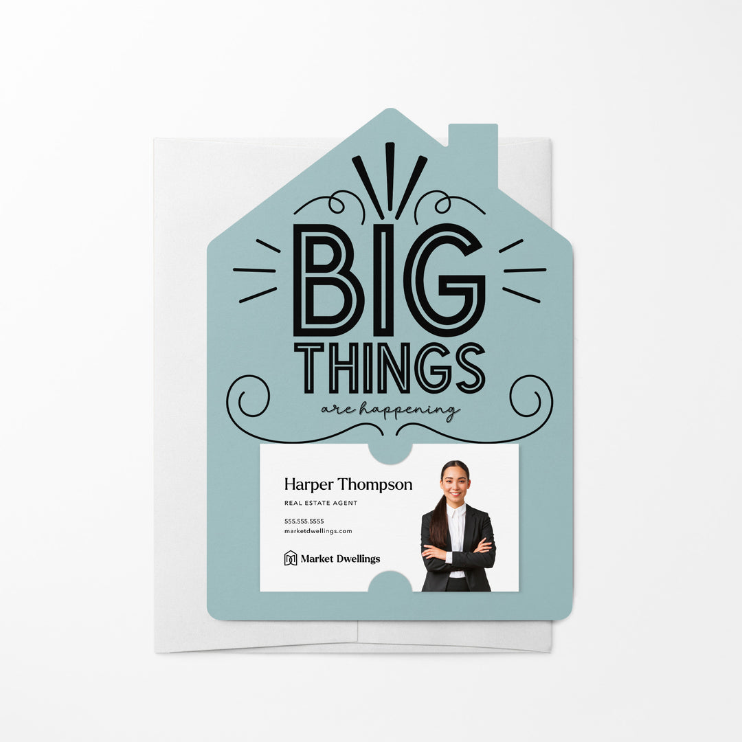 Set of Big Things Are Happening New Real Estate Agent Introduction Mailers | Envelopes Included | M26-M001 Mailer Market Dwellings LIGHT BLUE