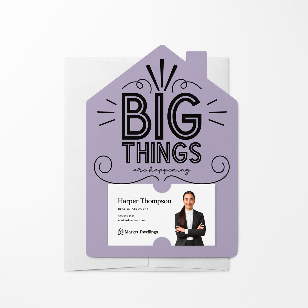 Set of Big Things Are Happening New Real Estate Agent Introduction Mailers | Envelopes Included | M26-M001 Mailer Market Dwellings LIGHT PURPLE