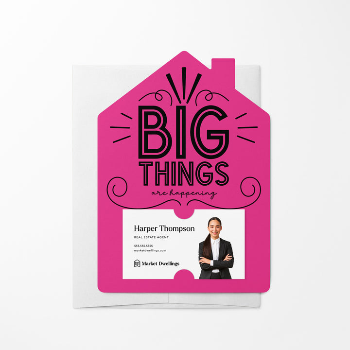 Set of Big Things Are Happening New Real Estate Agent Introduction Mailers | Envelopes Included | M26-M001 Mailer Market Dwellings RAZZLE BERRY