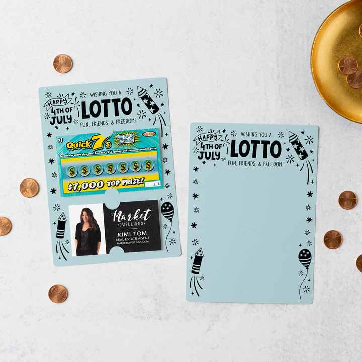 Wishing You A Lotto Fun, Friends, and Freedom Happy 4th Of July Scratch-off Lotto Mailers | Envelopes Included | M27-M002 Mailer Market Dwellings LIGHT BLUE  