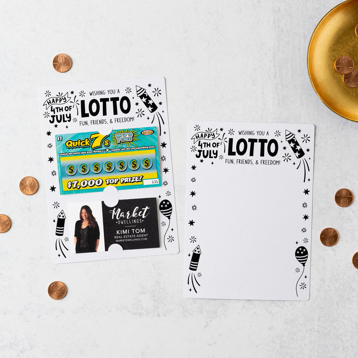 Wishing You A Lotto Fun, Friends, and Freedom Happy 4th Of July Scratch-off Lotto Mailers | Envelopes Included | M27-M002 Mailer Market Dwellings WHITE  