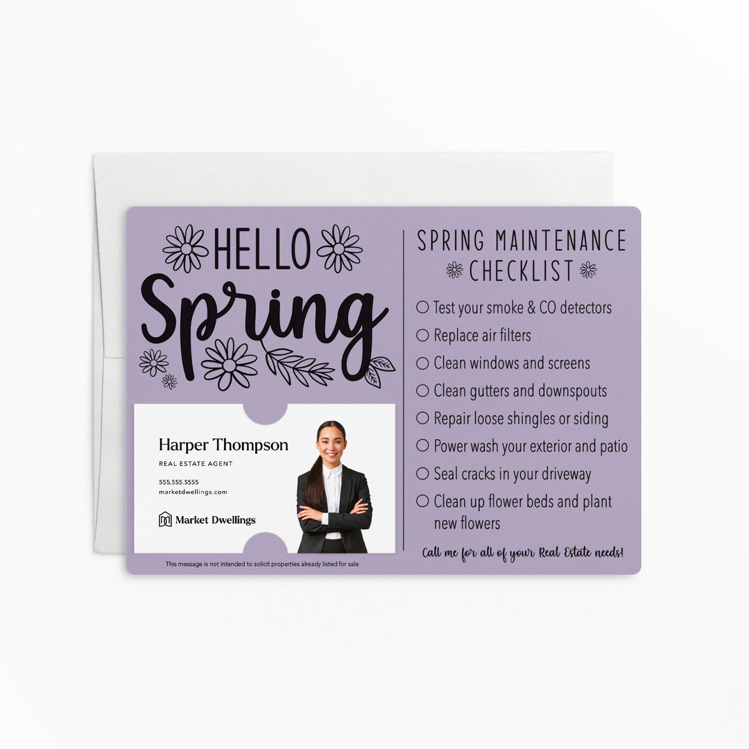 Set of "Hello Spring" Spring Checklist Real Estate Mailer | Envelopes Included | M3-M004 Mailer Market Dwellings LIGHT PURPLE