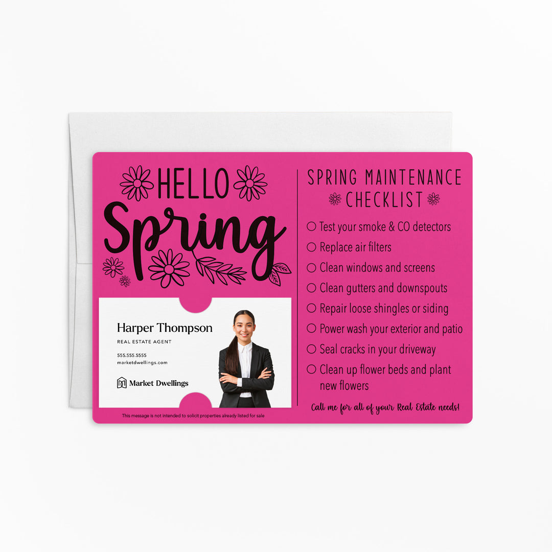 Set of "Hello Spring" Spring Checklist Real Estate Mailer | Envelopes Included | M3-M004 Mailer Market Dwellings RAZZLE BERRY