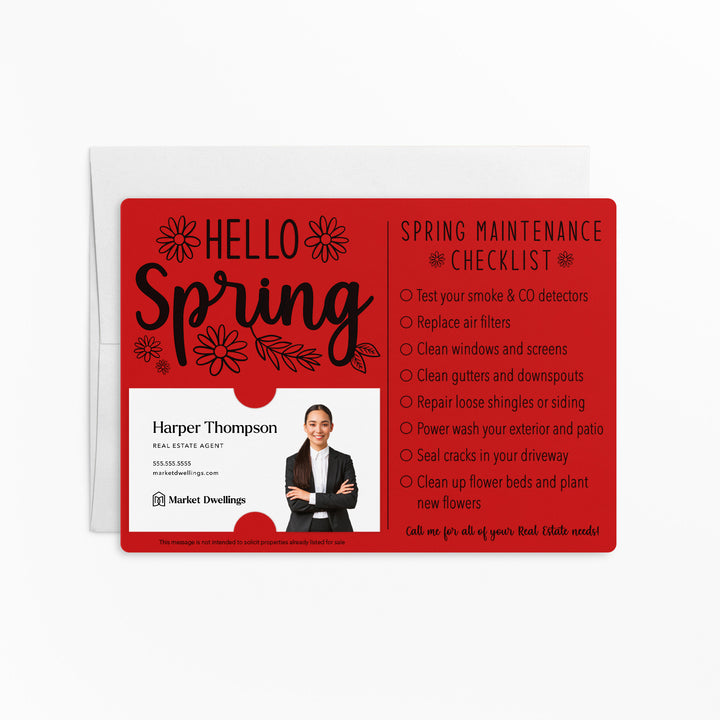 Set of "Hello Spring" Spring Checklist Real Estate Mailer | Envelopes Included | M3-M004 Mailer Market Dwellings SCARLET