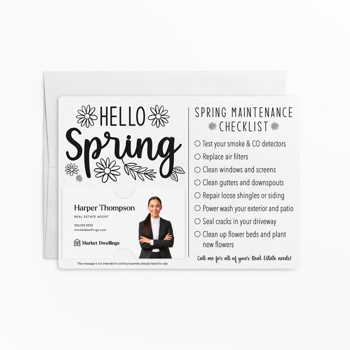 Set of "Hello Spring" Spring Checklist Real Estate Mailer | Envelopes Included | M3-M004 Mailer Market Dwellings WHITE