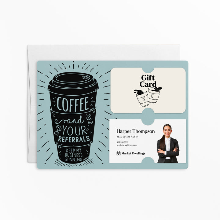 Set of Coffee and Your Referrals Keep My Business Running Gift Card & Business Card Holder Mailer | Envelopes Included | M3-M008 Mailer Market Dwellings LIGHT BLUE