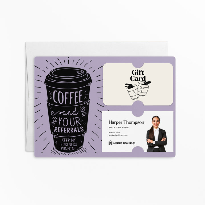 Set of Coffee and Your Referrals Keep My Business Running Gift Card & Business Card Holder Mailer | Envelopes Included | M3-M008 Mailer Market Dwellings LIGHT PURPLE