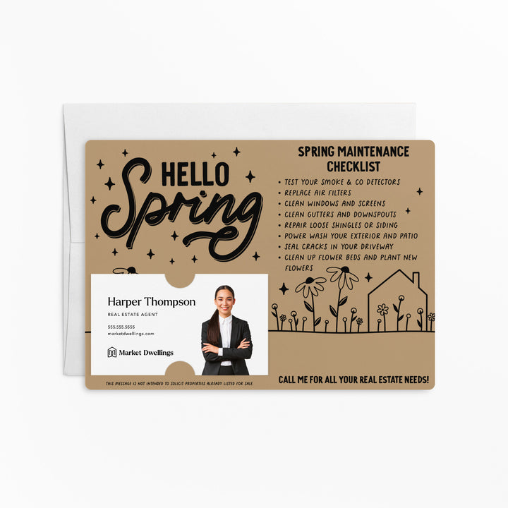 Set of Hello Spring Maintenance Checklist | Spring Mailers | Envelopes Included | M30-M004 Mailer Market Dwellings KRAFT