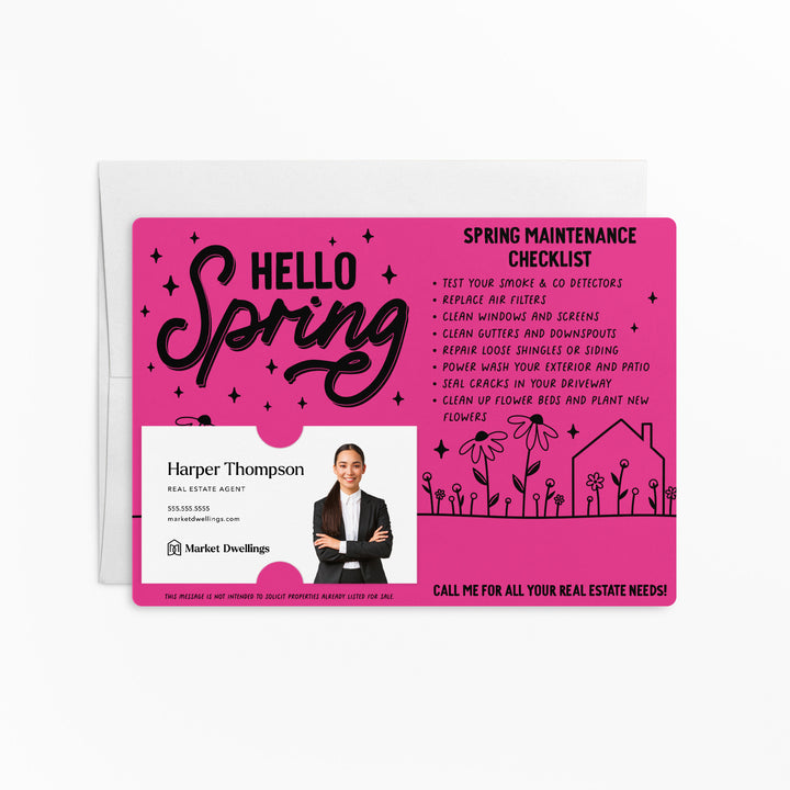 Set of Hello Spring Maintenance Checklist | Spring Mailers | Envelopes Included | M30-M004 Mailer Market Dwellings RAZZLE BERRY