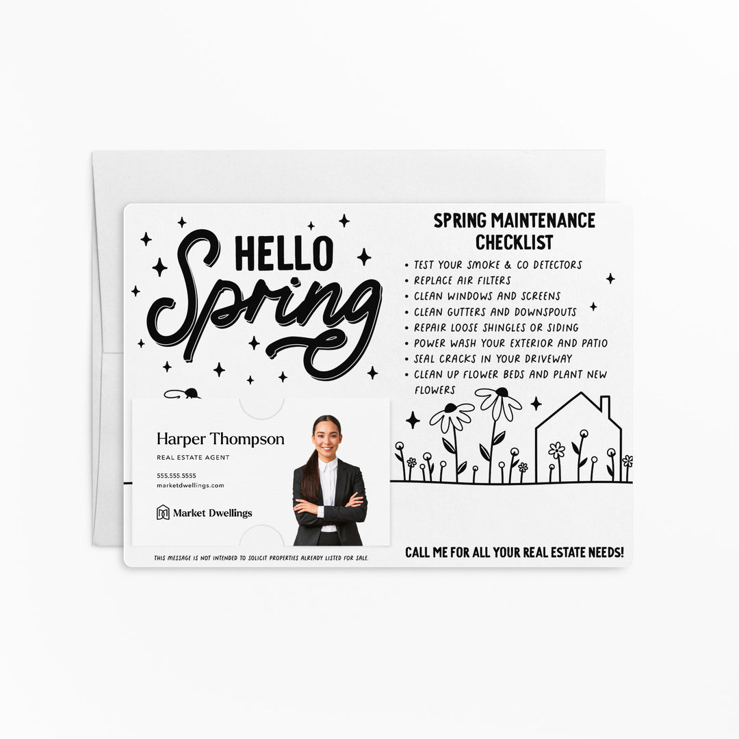 Set of Hello Spring Maintenance Checklist | Spring Mailers | Envelopes Included | M30-M004 Mailer Market Dwellings WHITE