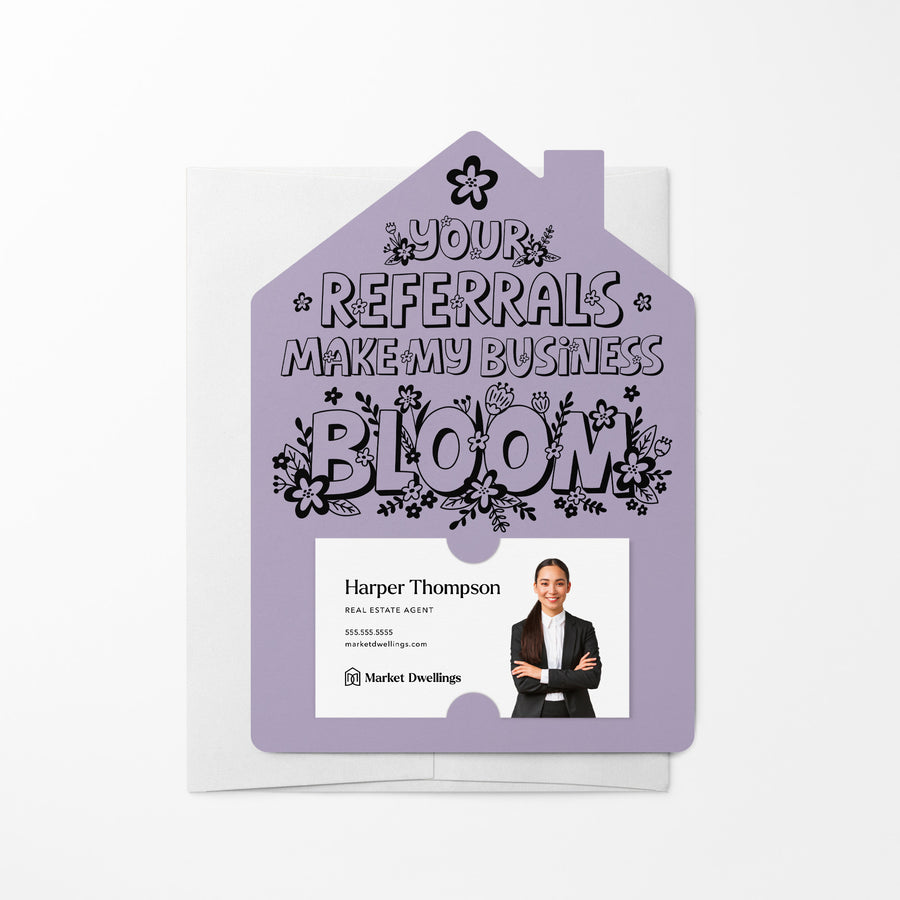 Set of Your Referrals Make My Business Bloom Real Estate Agent Mailers | Envelopes Included | M30-M001 Mailer Market Dwellings LIGHT PURPLE