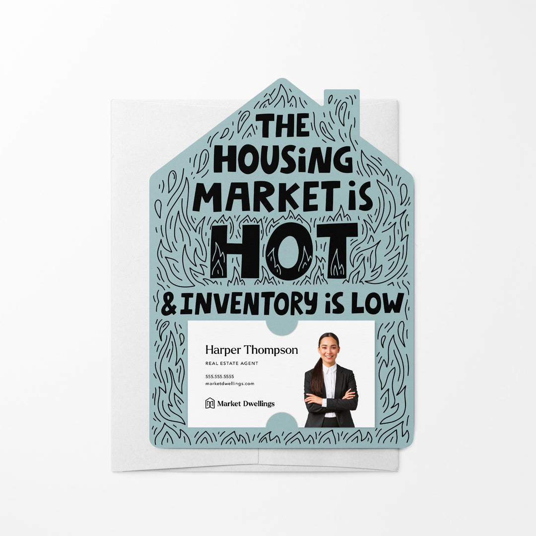 Set of The Housing Market is Hot and Inventory is Low Real Estate Mailers | Envelopes Included | M31-M001 Mailer Market Dwellings LIGHT BLUE