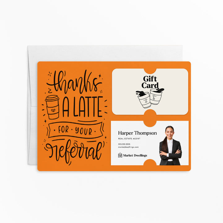 Set of "Thanks A Latte For Your Referral" Coffee Gift Card & Business Card Holder Mailer | Envelopes Included | M31-M008 Mailer Market Dwellings CARROT