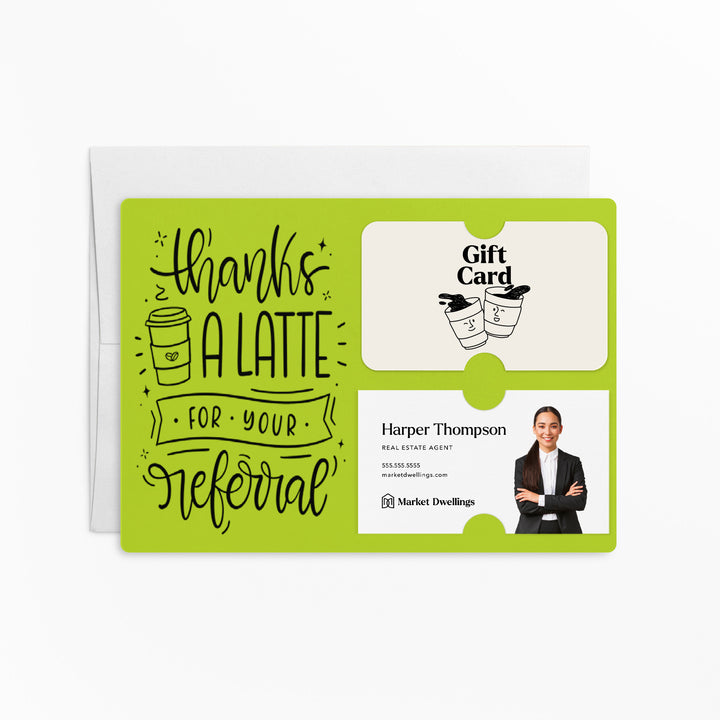 Set of "Thanks A Latte For Your Referral" Coffee Gift Card & Business Card Holder Mailer | Envelopes Included | M31-M008 Mailer Market Dwellings GREEN APPLE