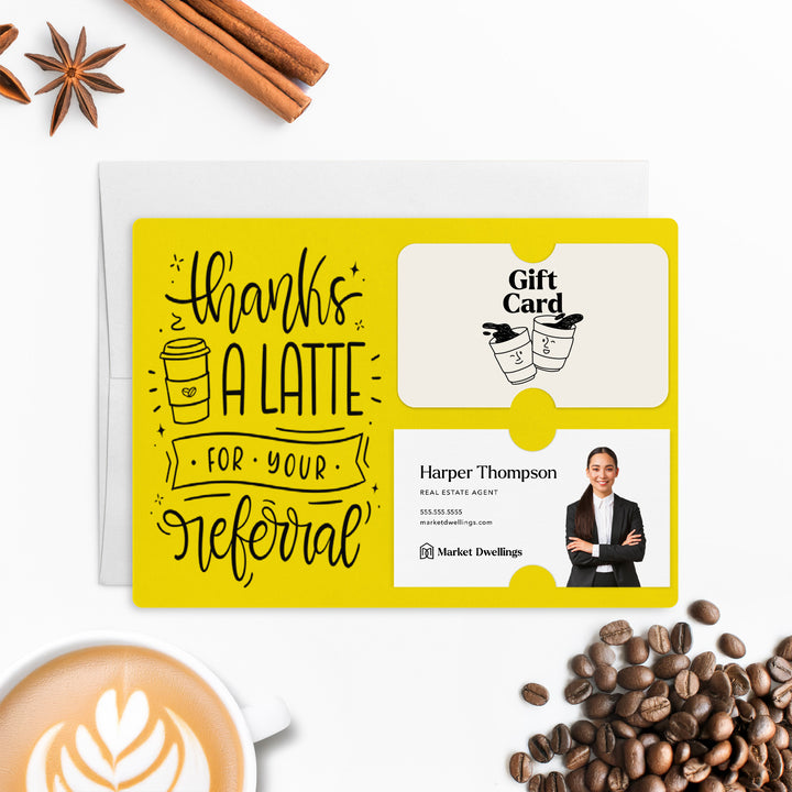 Set of "Thanks A Latte For Your Referral" Coffee Gift Card & Business Card Holder Mailer | Envelopes Included | M31-M008 Mailer Market Dwellings