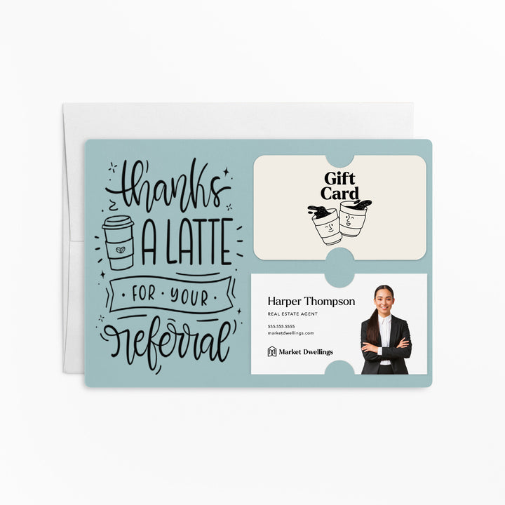 Set of "Thanks A Latte For Your Referral" Coffee Gift Card & Business Card Holder Mailer | Envelopes Included | M31-M008 Mailer Market Dwellings LIGHT BLUE