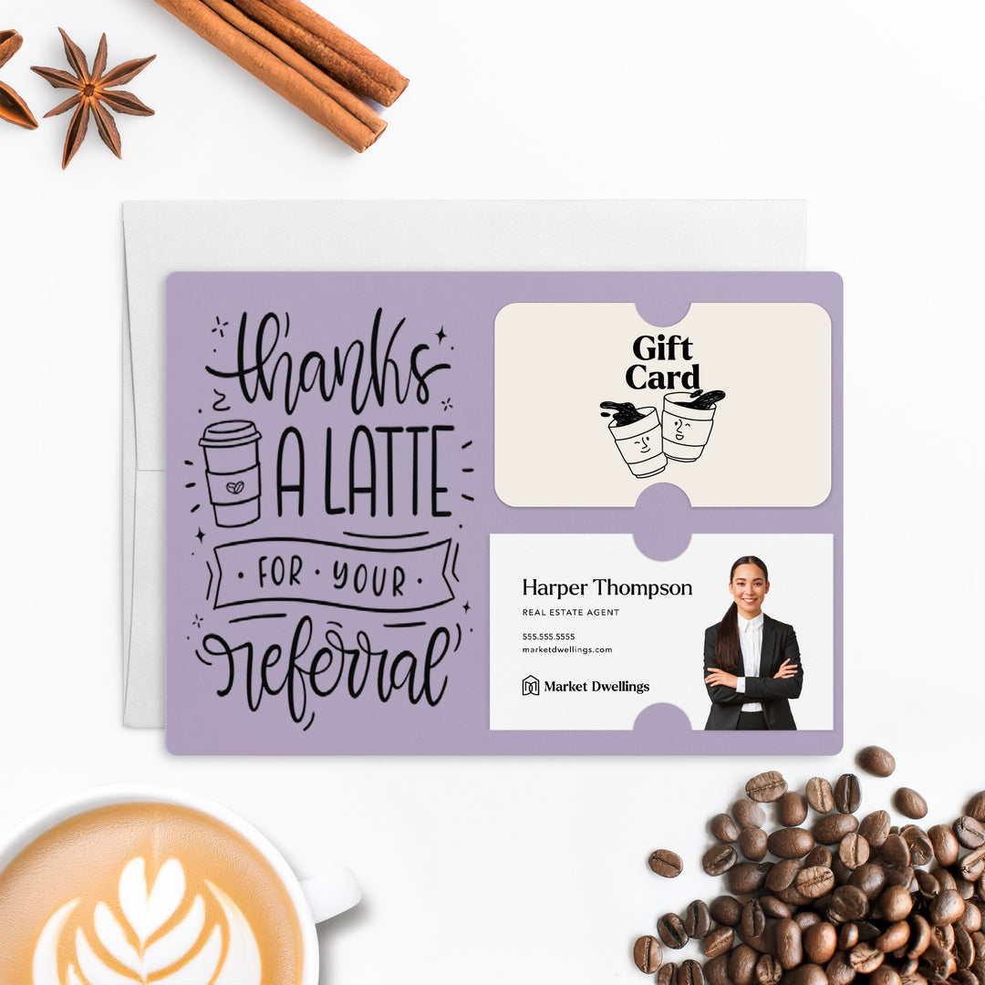 Set of "Thanks A Latte For Your Referral" Coffee Gift Card & Business Card Holder Mailer | Envelopes Included | M31-M008 Mailer Market Dwellings