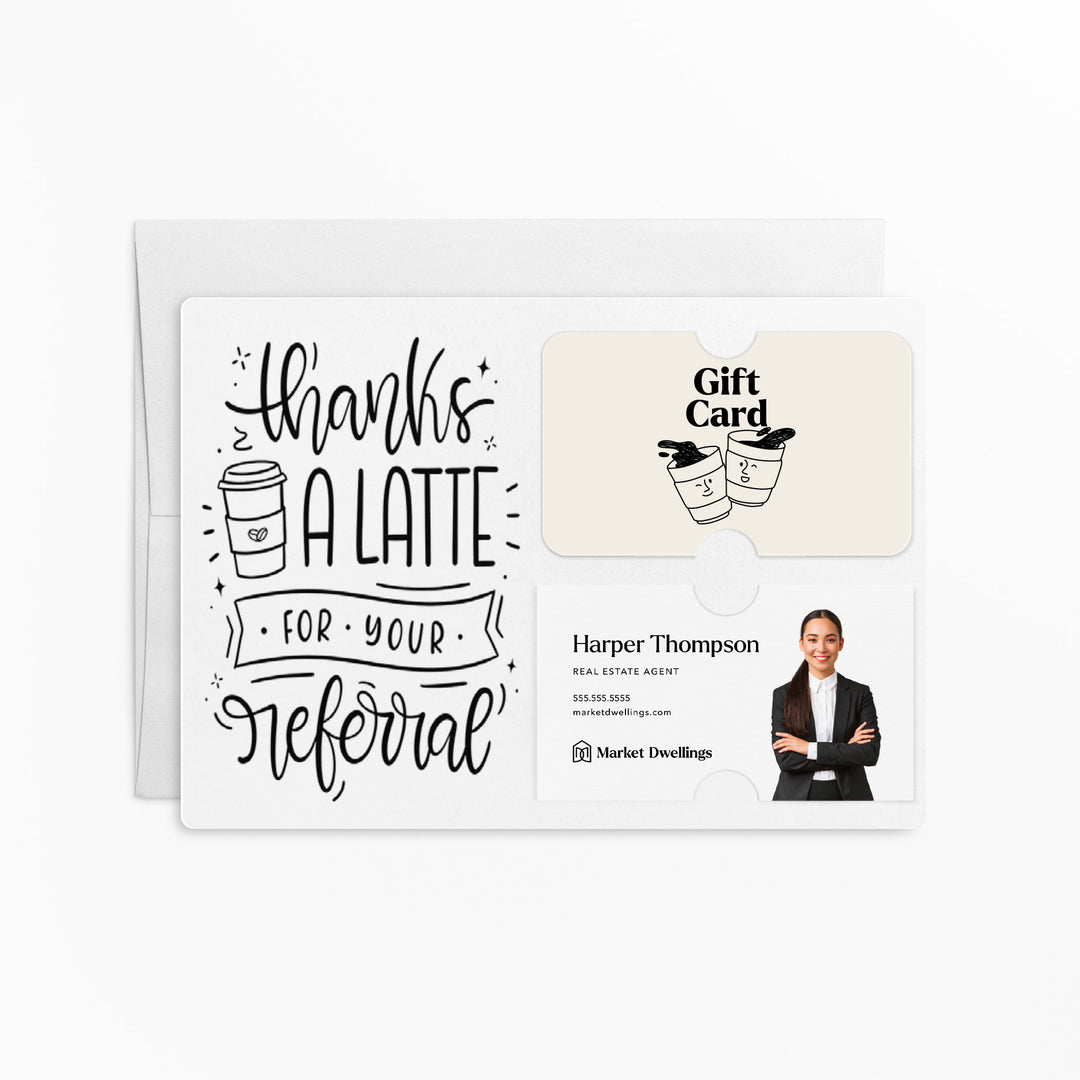 Set of "Thanks A Latte For Your Referral" Coffee Gift Card & Business Card Holder Mailer | Envelopes Included | M31-M008