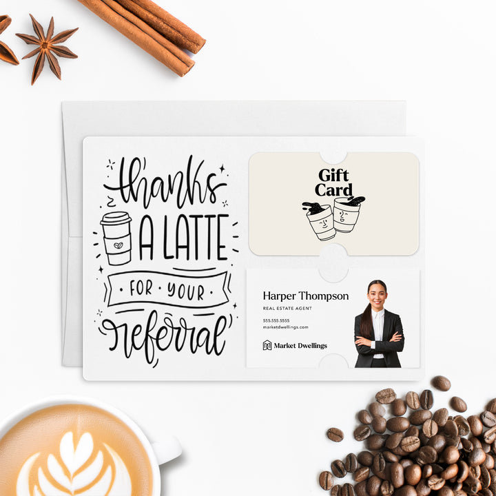 Set of "Thanks A Latte For Your Referral" Coffee Gift Card & Business Card Holder Mailer | Envelopes Included | M31-M008