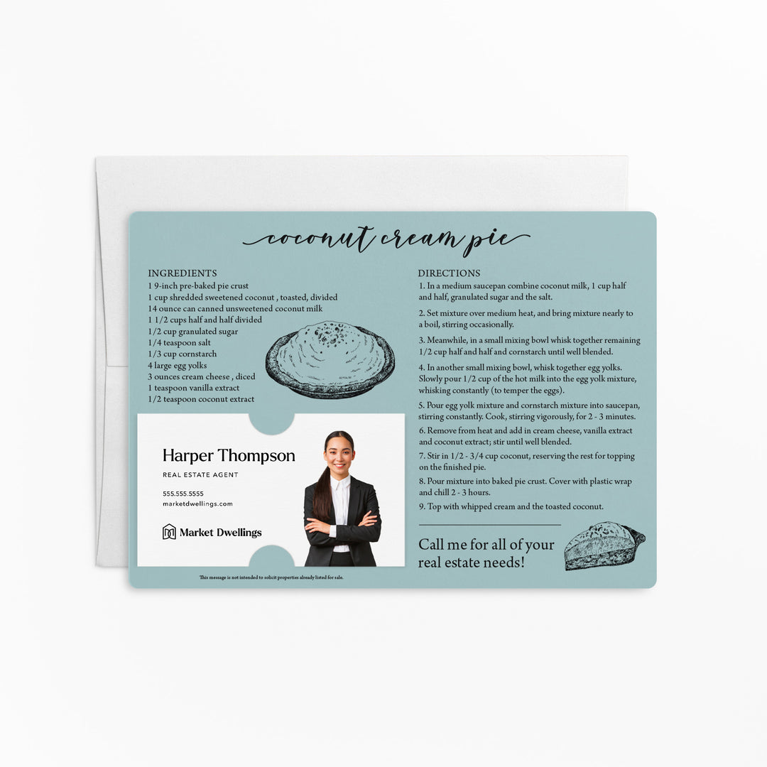 Set of "Coconut Cream Pie" Recipe Cards | Envelopes Included M32-M004 Mailer Market Dwellings LIGHT BLUE