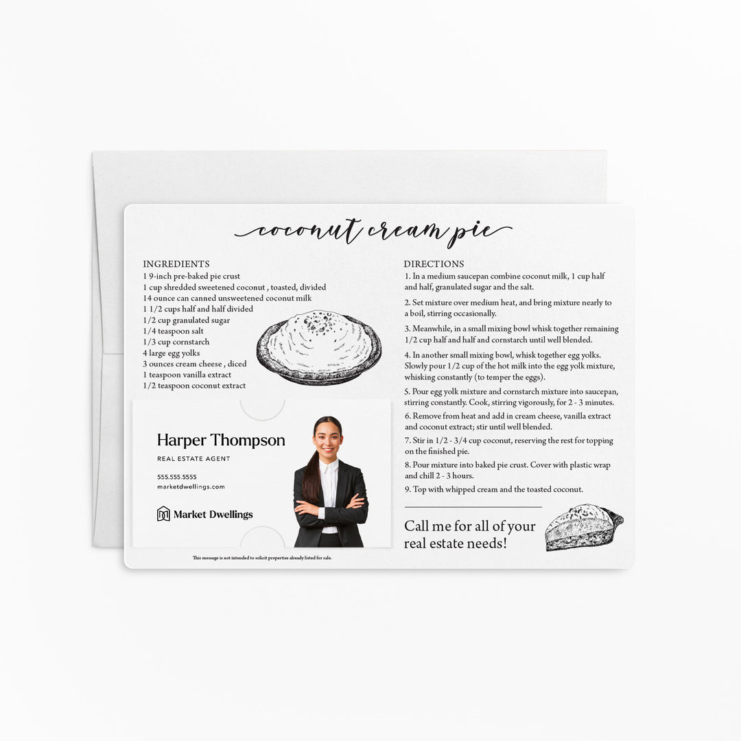 Set of "Coconut Cream Pie" Recipe Cards | Envelopes Included M32-M004 Mailer Market Dwellings WHITE