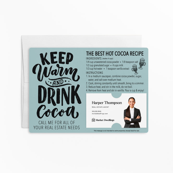 Set of "Keep Warm and Drink Cocoa" Hot Chocolate Recipe Mailer | Envelopes Included | M36-M003 Mailer Market Dwellings LIGHT BLUE