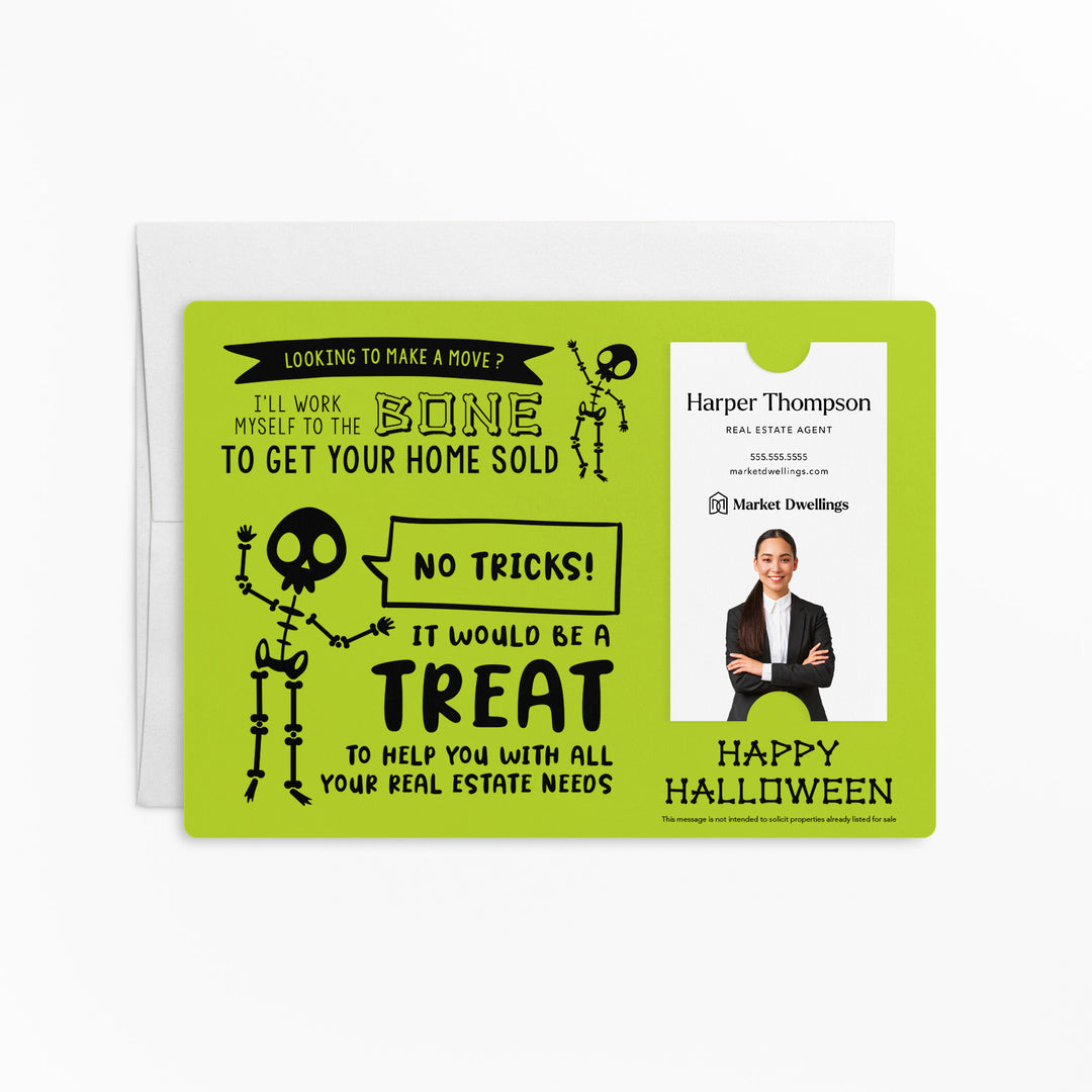 Vertical | Set of Halloween "I'll Work Myself to the Bone to Get Your Home Sold" Mailer | Envelopes Included | M36-M005 Mailer Market Dwellings GREEN APPLE