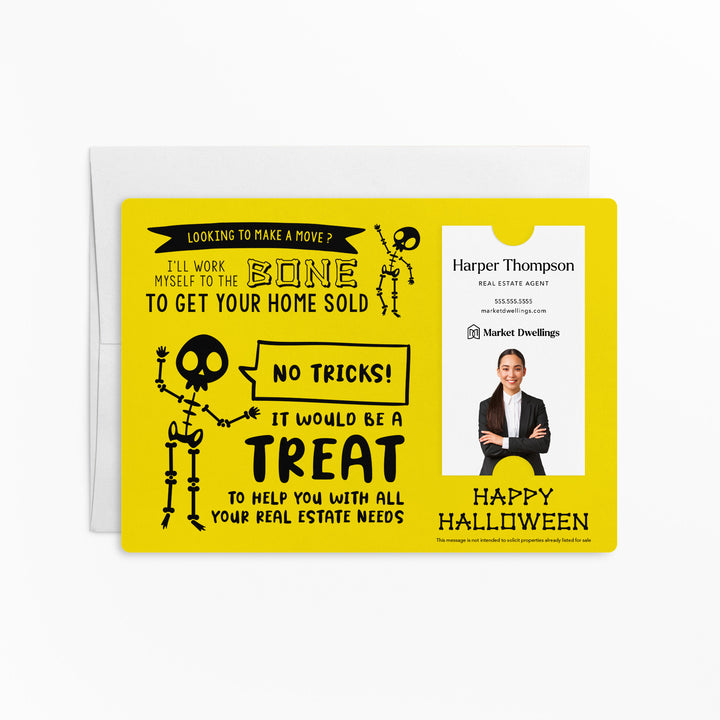 Vertical | Set of Halloween "I'll Work Myself to the Bone to Get Your Home Sold" Mailer | Envelopes Included | M36-M005 Mailer Market Dwellings LEMON