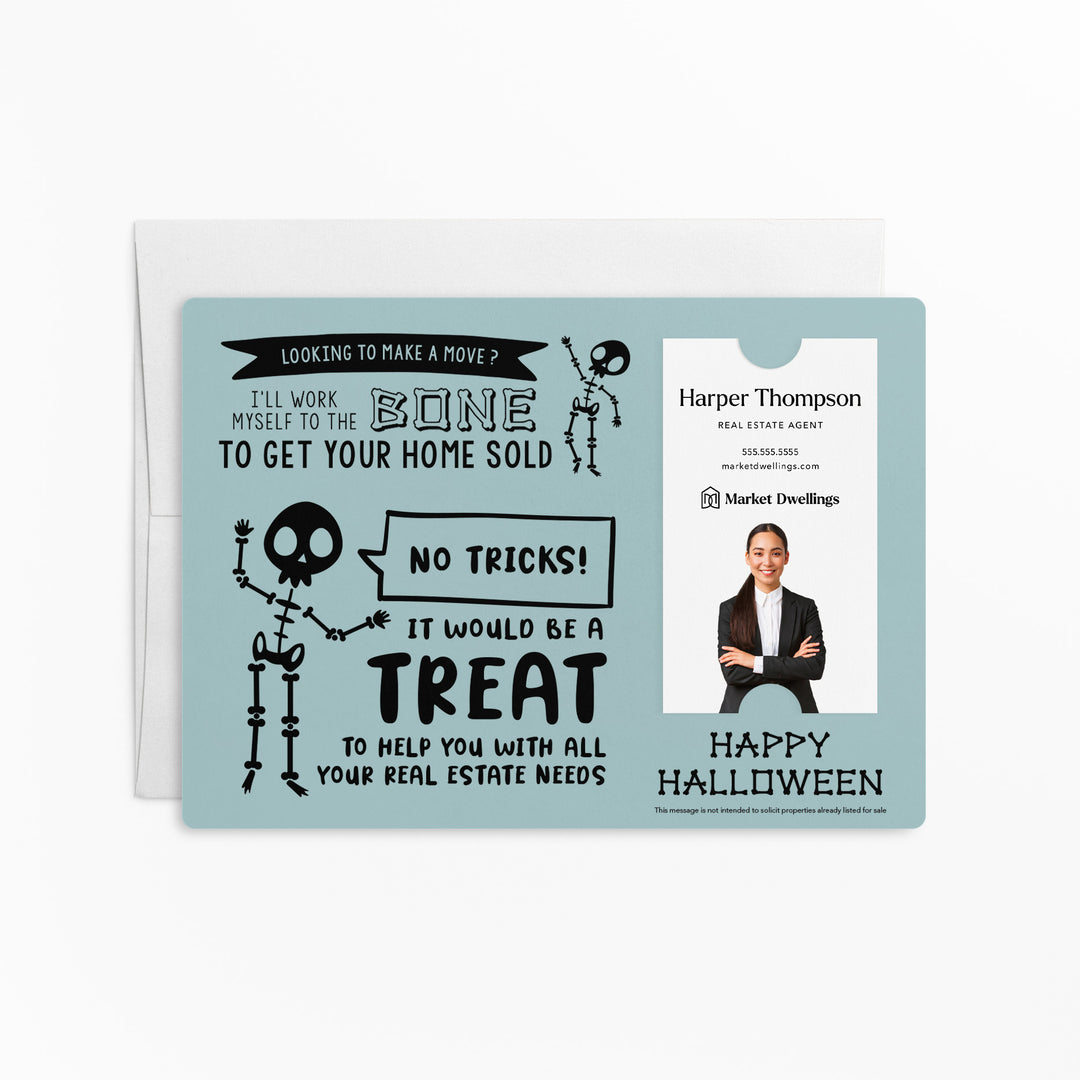 Vertical | Set of Halloween "I'll Work Myself to the Bone to Get Your Home Sold" Mailer | Envelopes Included | M36-M005 Mailer Market Dwellings LIGHT BLUE