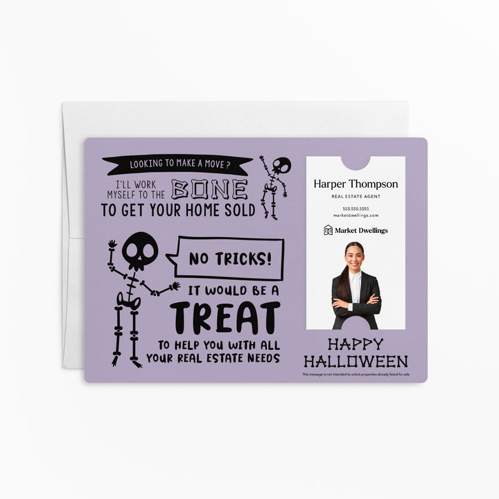 Vertical | Set of Halloween "I'll Work Myself to the Bone to Get Your Home Sold" Mailer | Envelopes Included | M36-M005 Mailer Market Dwellings LIGHT PURPLE