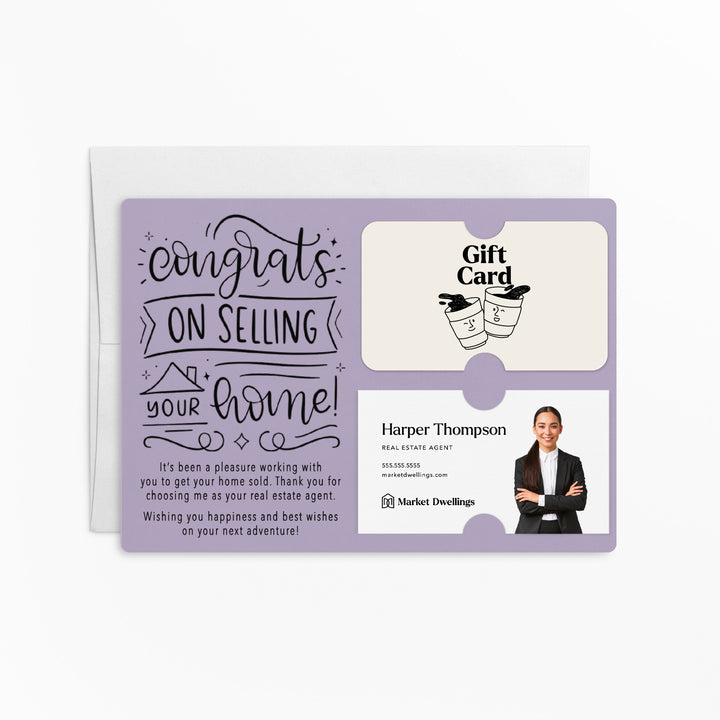 Set of "Congrats on Selling Your Home" Gift Card & Business Card Holder Mailer for Real Estate Agents | Envelopes Included | M39-M008 Mailer Market Dwellings LIGHT PURPLE