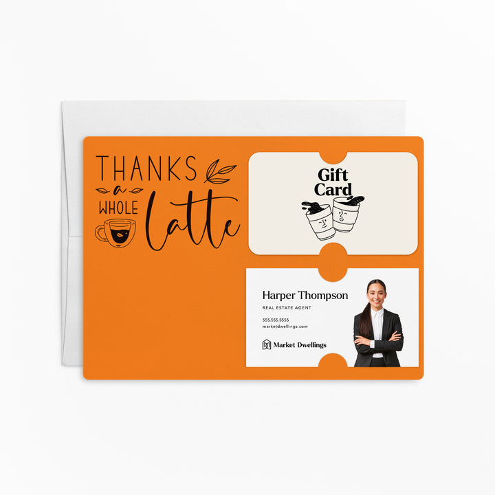 Set of "Thanks a Whole Latte" Coffee Gift Card & Business Card Holder Mailer | Envelopes Included | M4-M008 Mailer Market Dwellings CARROT