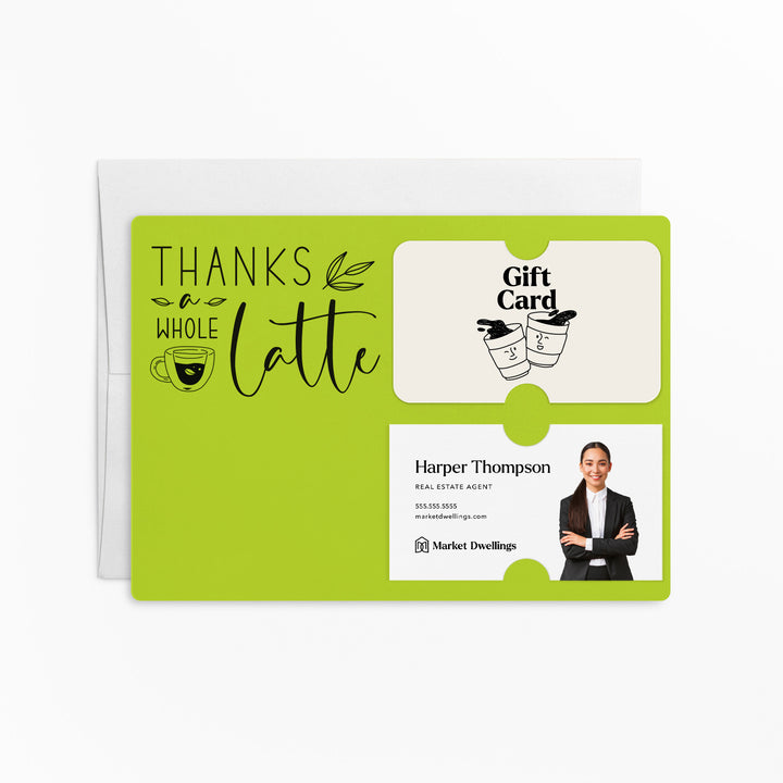 Set of "Thanks a Whole Latte" Coffee Gift Card & Business Card Holder Mailer | Envelopes Included | M4-M008 Mailer Market Dwellings GREEN APPLE