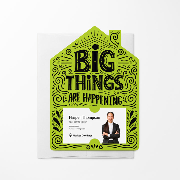 Set of Big Things Are Happening New Real Estate Agent Introduction Mailers | Envelopes Included | M40-M001 Mailer Market Dwellings GREEN APPLE