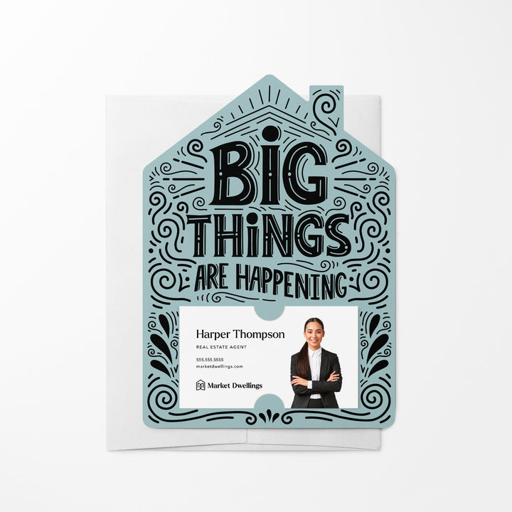 Set of Big Things Are Happening New Real Estate Agent Introduction Mailers | Envelopes Included | M40-M001 Mailer Market Dwellings LIGHT BLUE