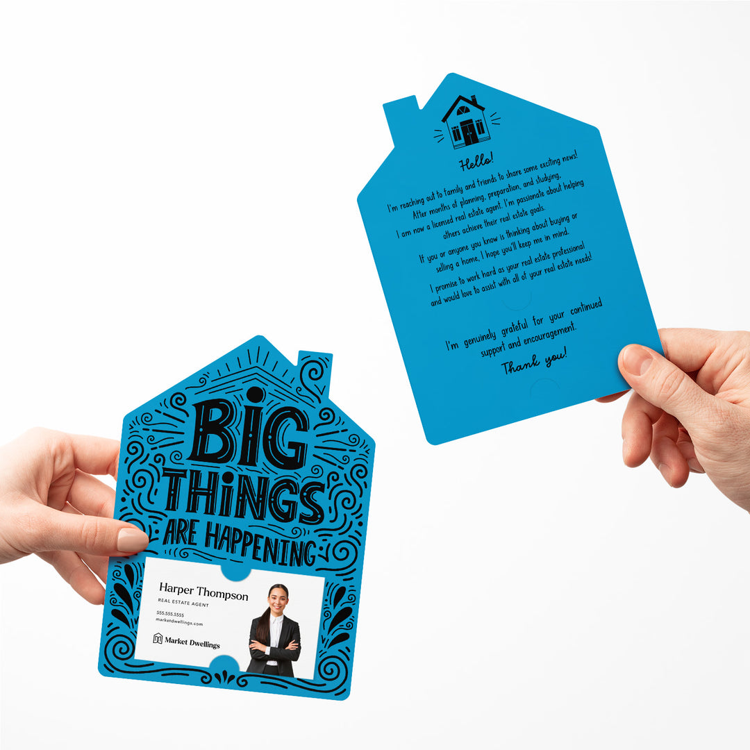 Set of Big Things Are Happening New Real Estate Agent Introduction Mailers | Envelopes Included | M40-M001 Mailer Market Dwellings