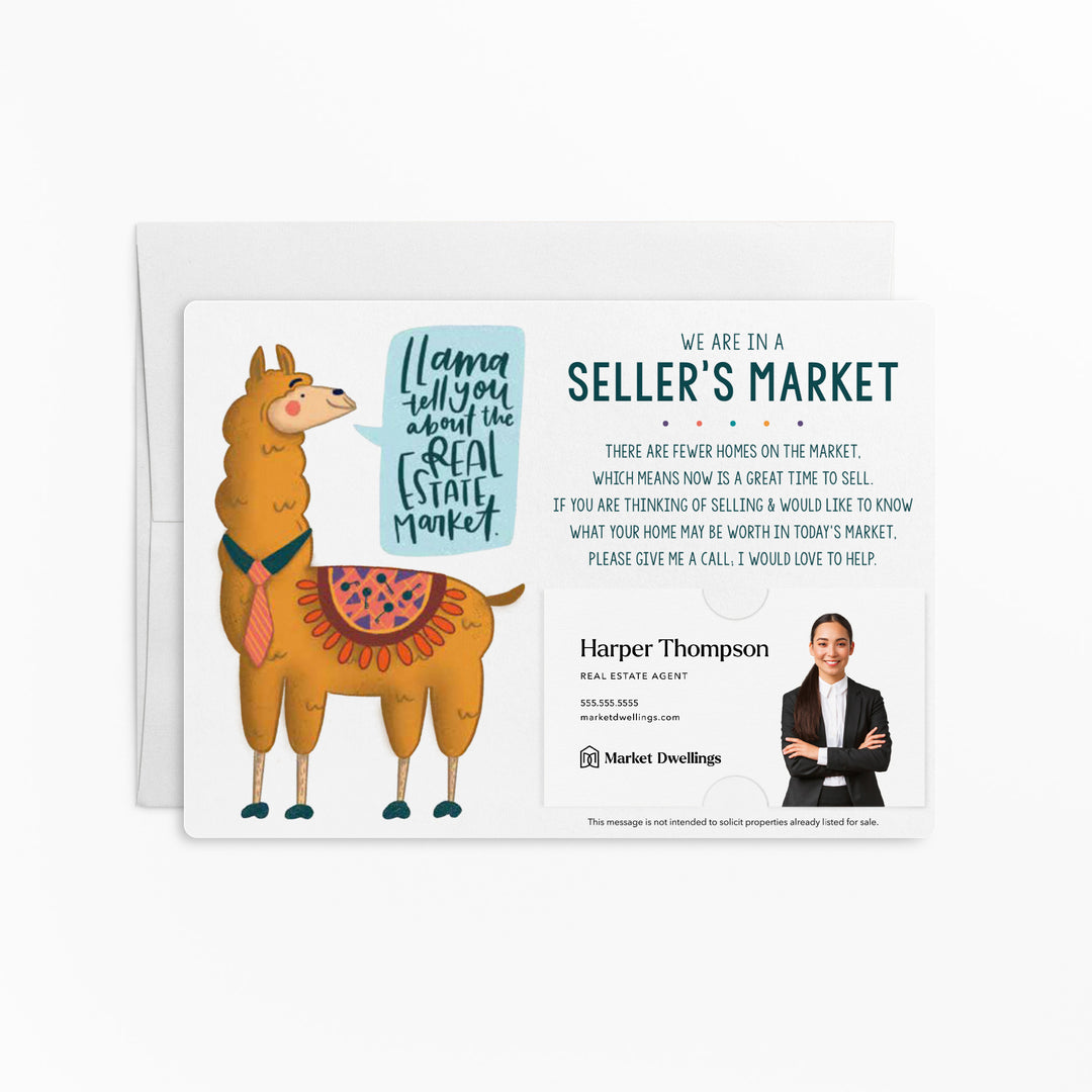 Set of "Llama Tell You About The Real Estate Market" Double Sided Mailers | Envelopes Included | M45-M003 Mailer Market Dwellings