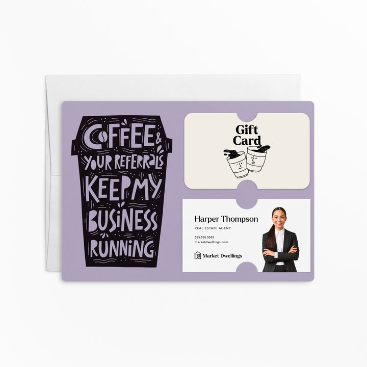 Set of "Coffee and Your Referrals Keep My Business Running" Gift Card & Business Card Holder Mailer | Envelopes Included | M45-M008 Mailer Market Dwellings LIGHT PURPLE