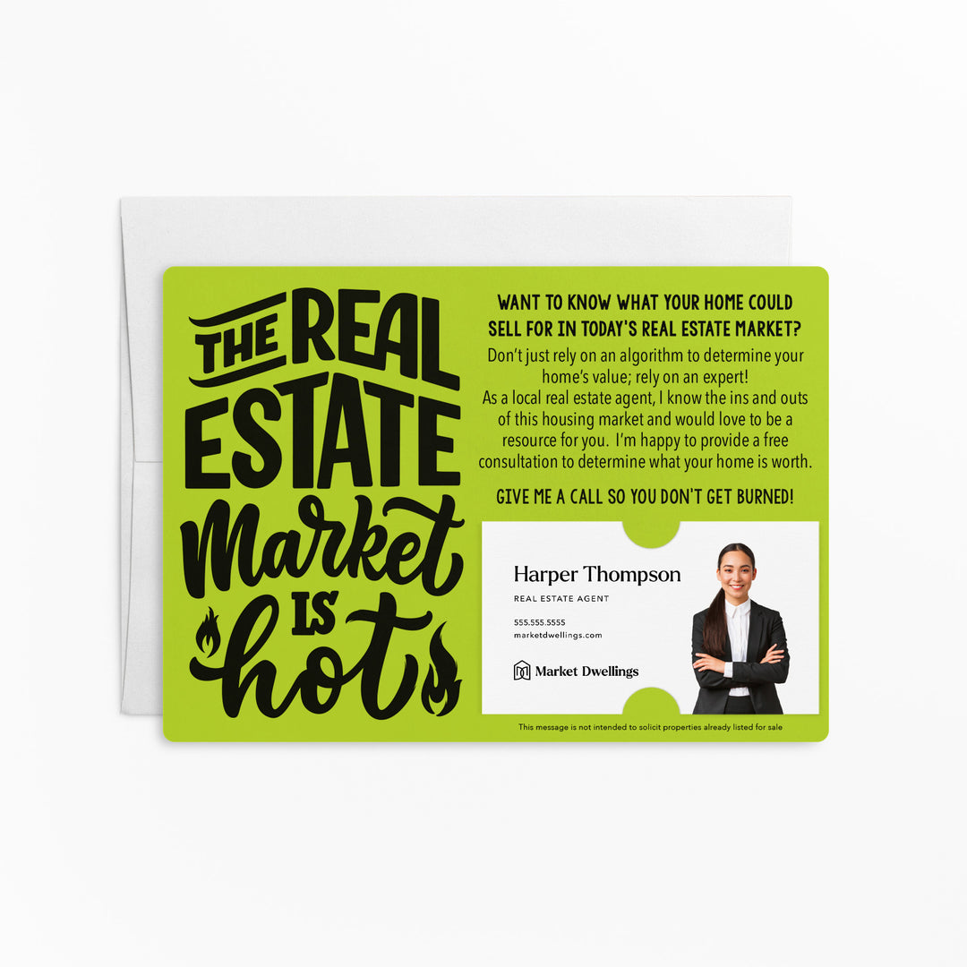 Set of "The Real Estate Market is Hot" Mailer | Envelopes Included | M46-M003 Mailer Market Dwellings GREEN APPLE