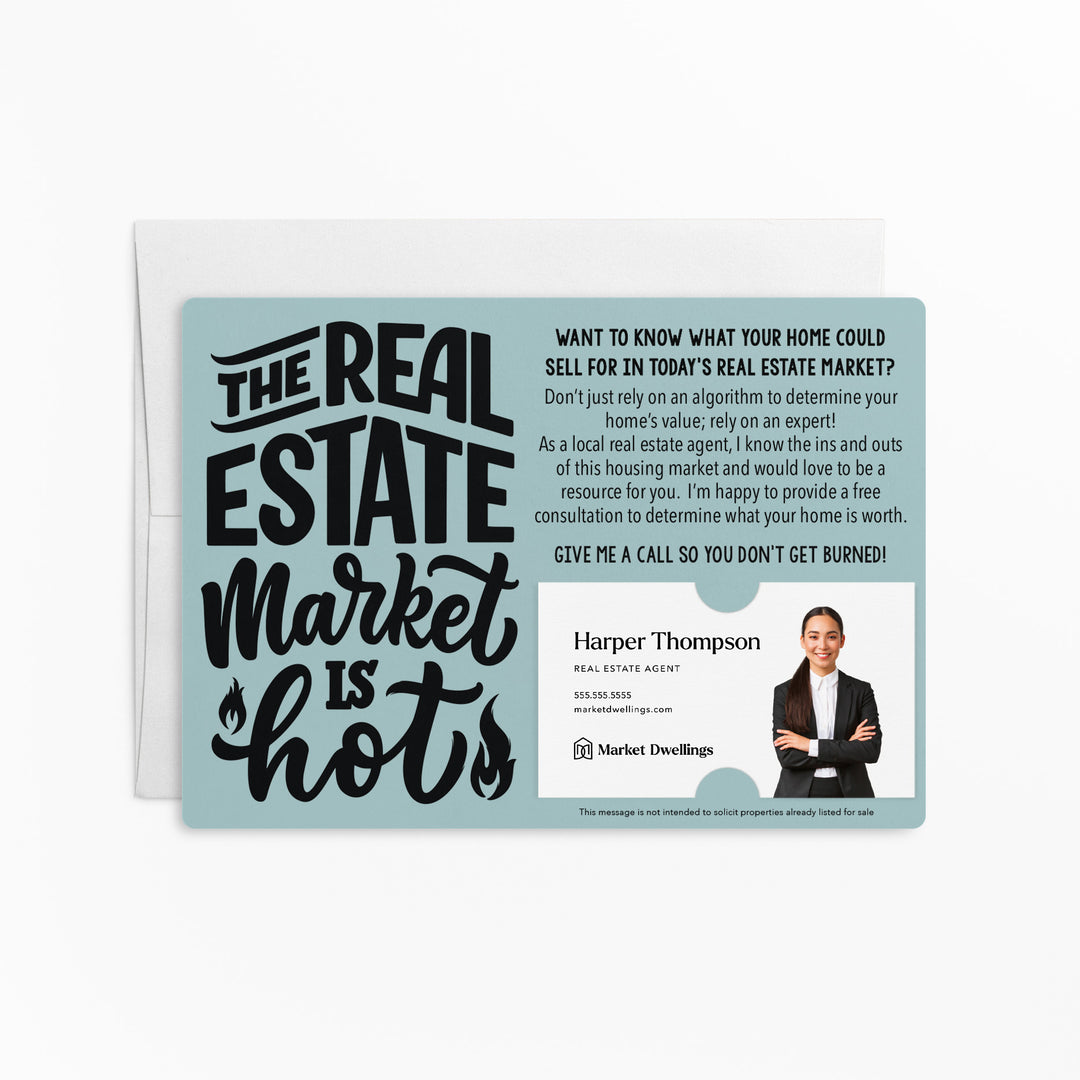 Set of "The Real Estate Market is Hot" Mailer | Envelopes Included | M46-M003 Mailer Market Dwellings LIGHT BLUE