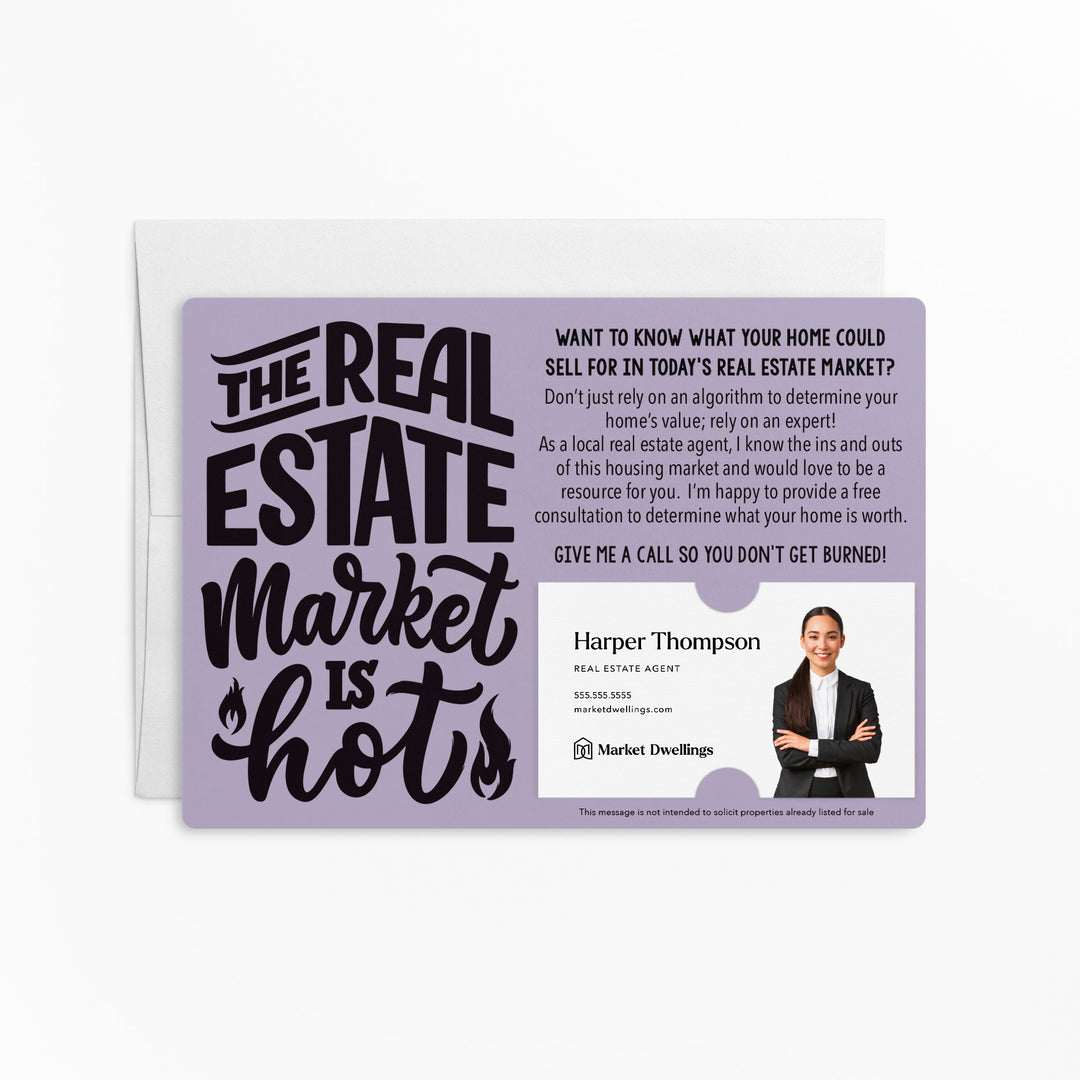 Set of "The Real Estate Market is Hot" Mailer | Envelopes Included | M46-M003 Mailer Market Dwellings LIGHT PURPLE