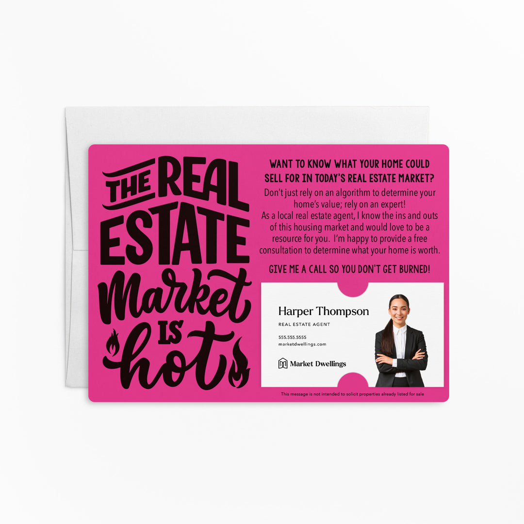 Set of "The Real Estate Market is Hot" Mailer | Envelopes Included | M46-M003 Mailer Market Dwellings RAZZLE BERRY